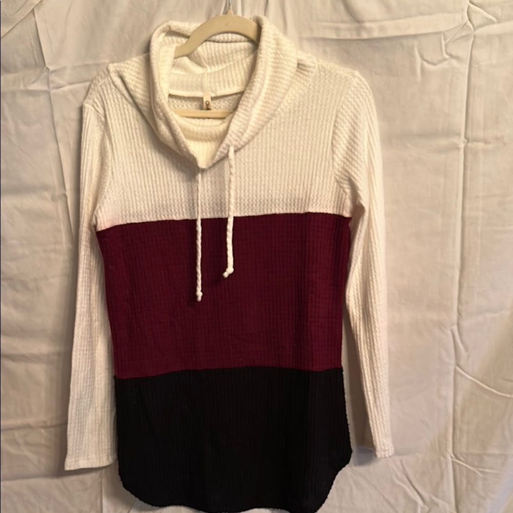 Red and White Cowl Neck Sweater with Colorblock Design